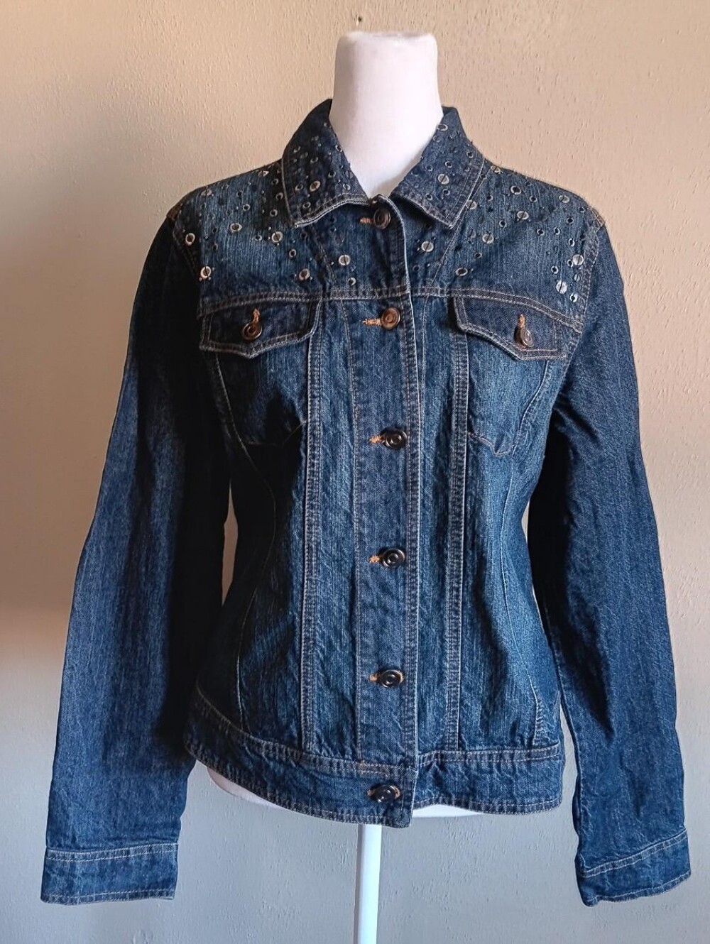 Western Grunge Westbound Denim Sequin Cotton Jacket Button Up Medium Blue Jean - Picture 3 of 9